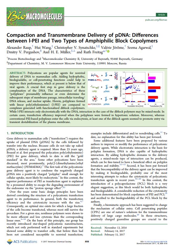 First Page of our full paper "Compaction and Transmembrane Delivery of pDNA..."