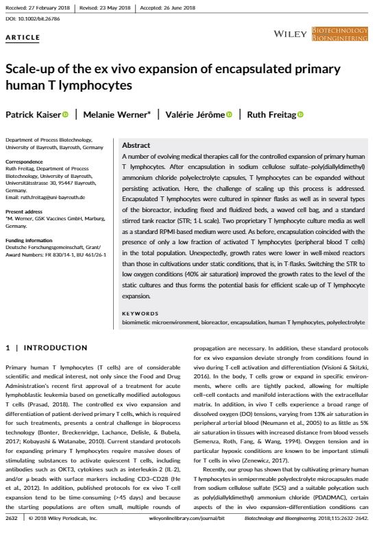 First Page of our full paper "Scale-up of the ex vivo expansion of encapsulated primary human T lymphocytes"