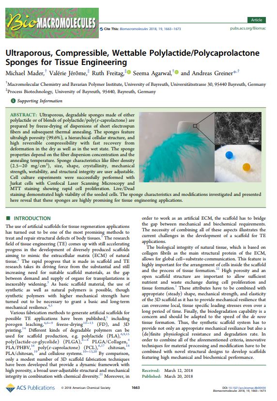 First Page of our full paper "Ultraporous, Compressible, Wettable Polylactide/Polycaprolactone..."