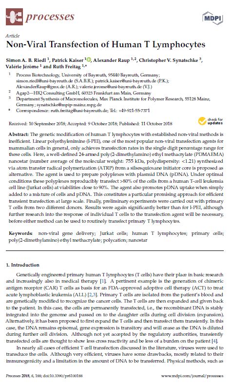 First Page of our full paper "Non-Viral Transfection of Human T Lymphocytes"